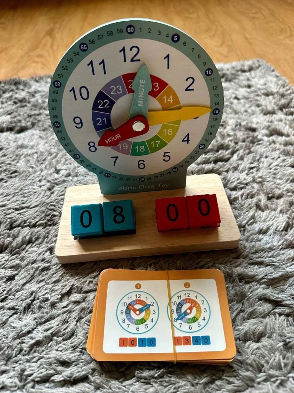 Wooden Kids Learning Clock Montessori Telling Time Toy w Cards